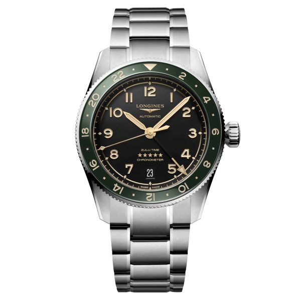 Longines Spirit Zulu Time automatic watch green bezel anthracite dial steel bracelet 39 mm