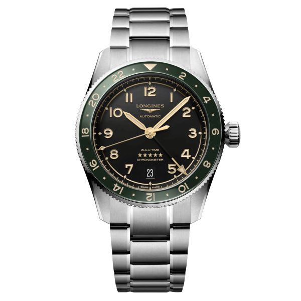 Montre Longines Spirit Zulu Time automatique lunette verte cadran anthracite bracelet acier 39 mm L3.802.4.63.6