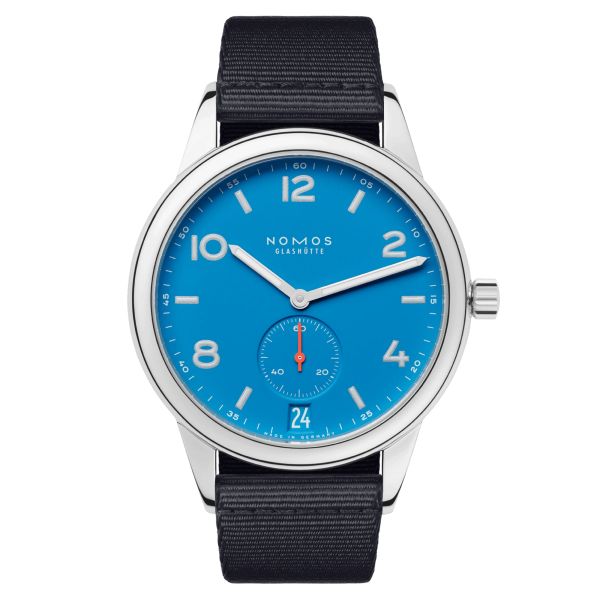NOMOS Club Date Bleu Sirène automatic watch blue dial blue fabric strap 41,5 mm 777
