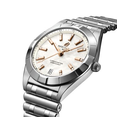 Breitling Chronomat Diamants quartz watch white mother-of-pearl dial steel bracelet 32 mm A77310101A4A1
