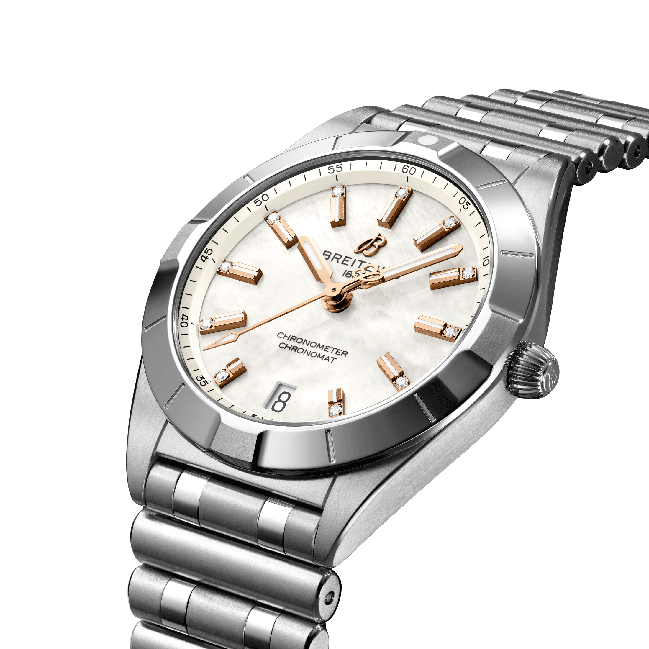 Breitling Chronomat Diamants quartz watch white mother-of-pearl dial steel bracelet 32 mm A77310101A4A1