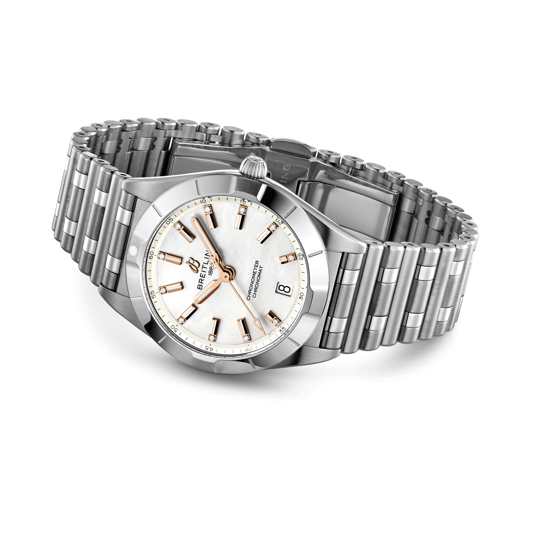Breitling Chronomat Diamants quartz watch white mother-of-pearl dial steel bracelet 32 mm A77310101A4A1
