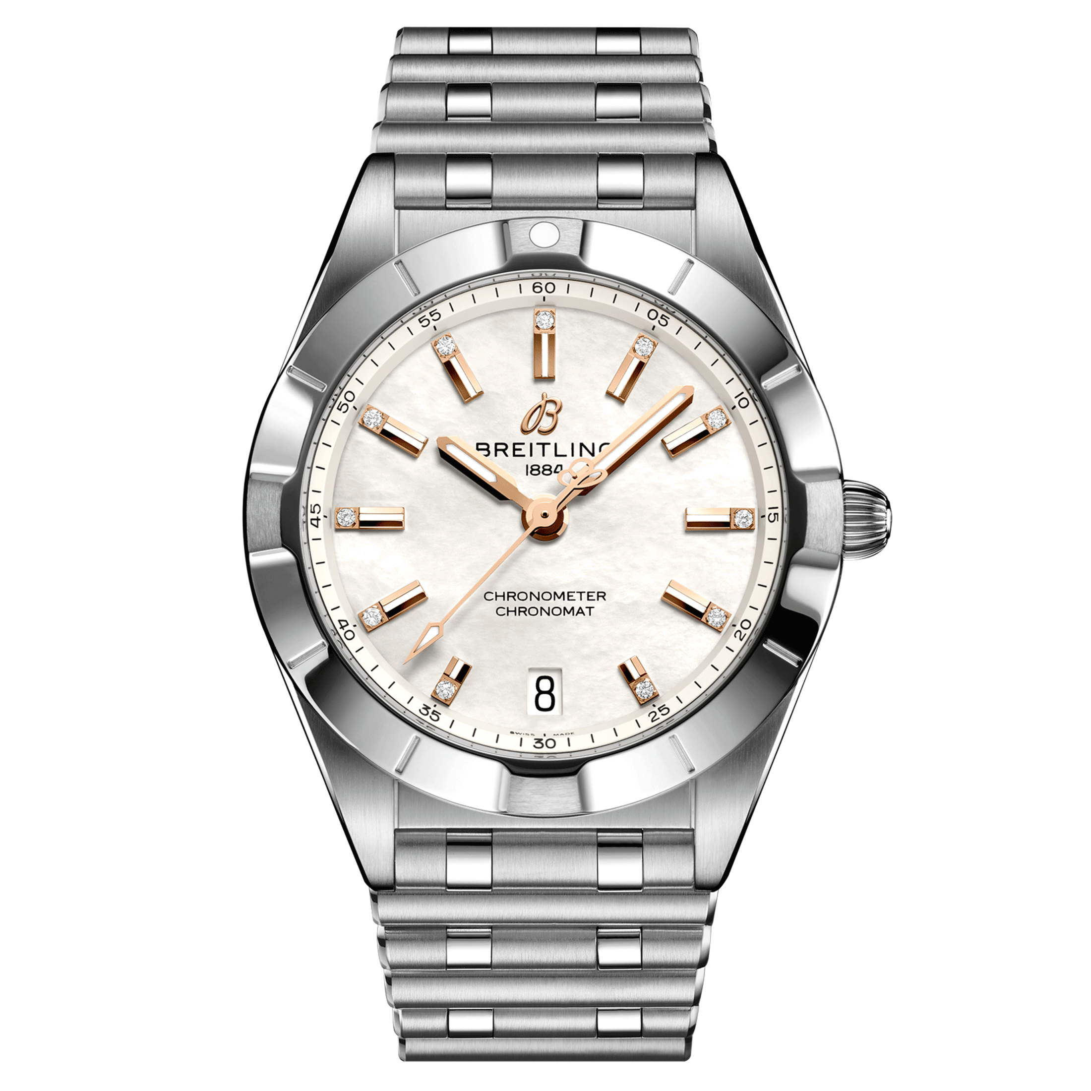 Breitling Chronomat Diamants quartz watch white mother-of-pearl dial steel bracelet 32 mm A77310101A4A1