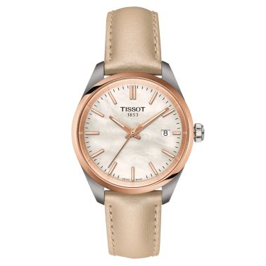 Montre Tissot T-Classic PR 100 PVD or rose quartz cadran nacre blanche bracelet cuir crème 34 mm T150.210.26.111.00