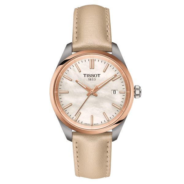 Montre Tissot T-Classic PR 100 PVD or rose quartz cadran nacre blanche bracelet cuir crème 34 mm T150.210.26.111.00