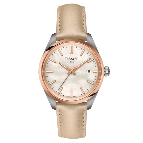 Tissot T-Classic PR 100 PVD rose gold quartz watch white mother-of-pearl dial cream leather strap 34 mm T150.210.26.111.00