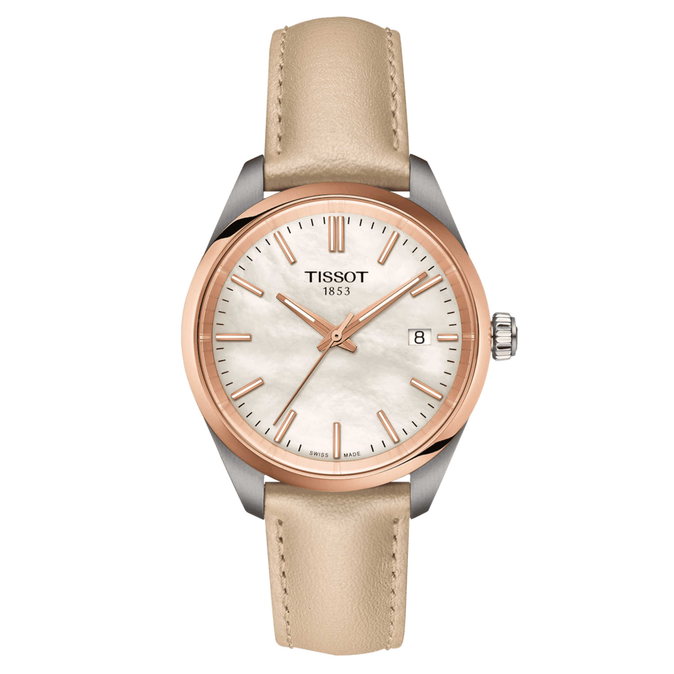 Montre Tissot T-Classic PR 100 PVD or rose quartz cadran nacre blanche bracelet cuir crème 34 mm T150.210.26.111.00