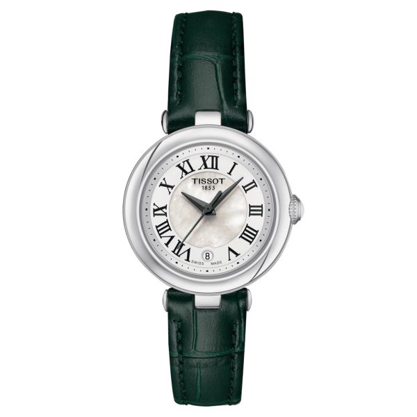 Montre Tissot T-Lady Bellissima quartz cadran nacre blanche bracelet cuir vert 26 mm T126.010.16.113.02