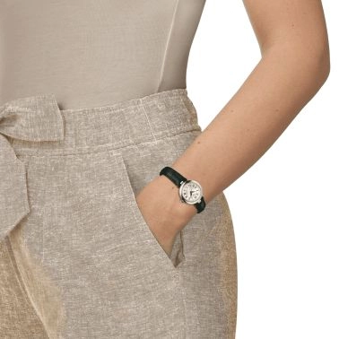 Montre Tissot T-Lady Bellissima quartz cadran nacre blanche bracelet cuir vert 26 mm T126.010.16.113.02