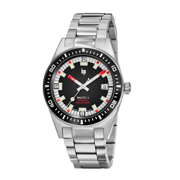 Montre Lip Nautic 3 Nageur-Sauveteur automatique cadran noir bracelet acier 39 mm