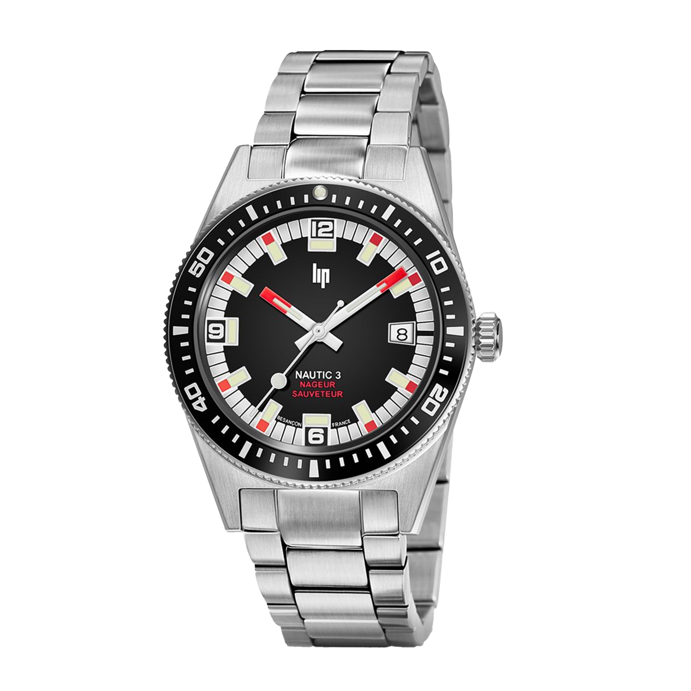 Lip Nautic 3 automatic Nageur-Sauveteur black dial steel bracelet 39 mm