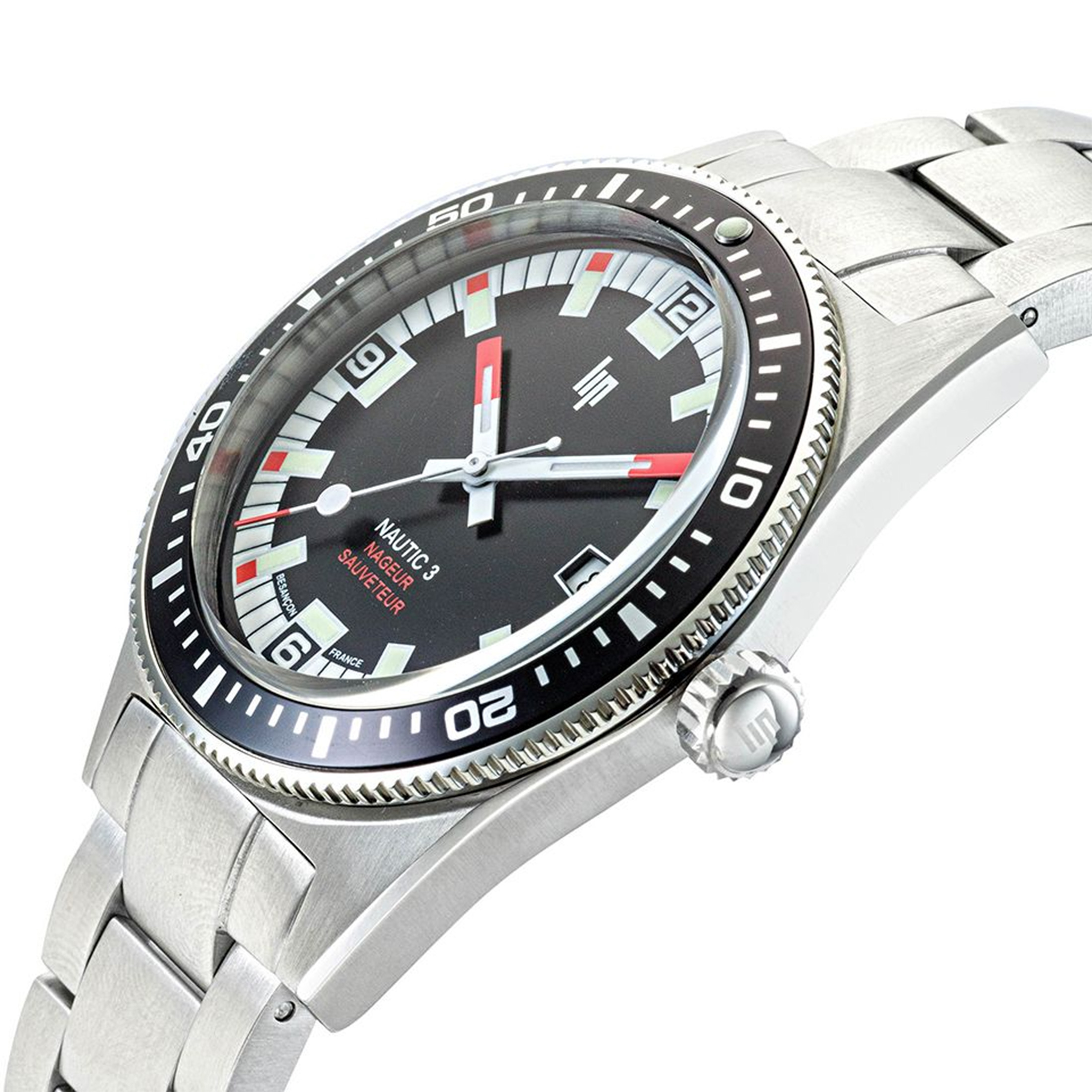 Lip Nautic 3 automatic Nageur-Sauveteur black dial steel bracelet 39 mm