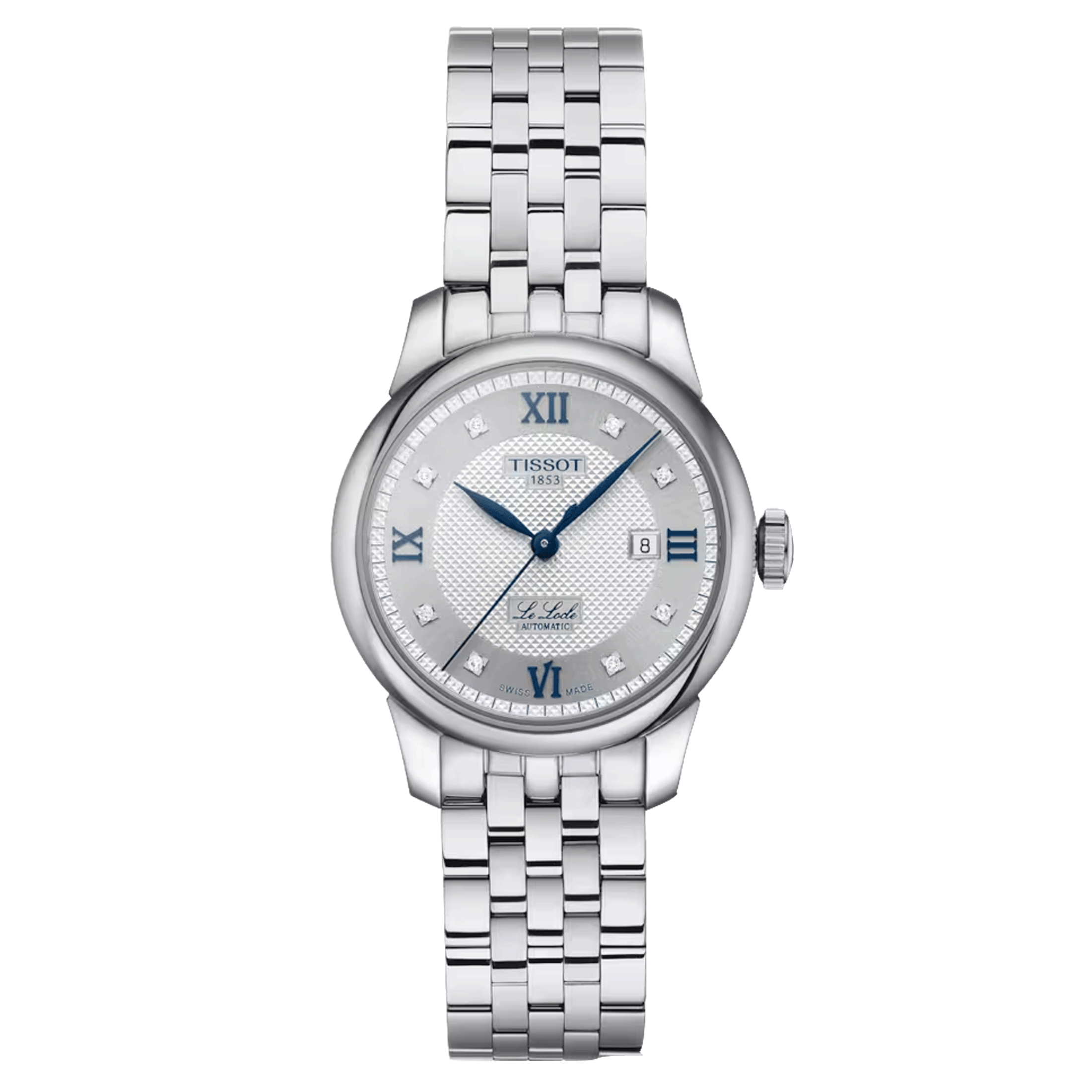Montre Tissot T-Classic Le Locle 20TH Anniversary Automatic index diamants cadran argent bracelet acier 29 mm T006.207.11.036.01