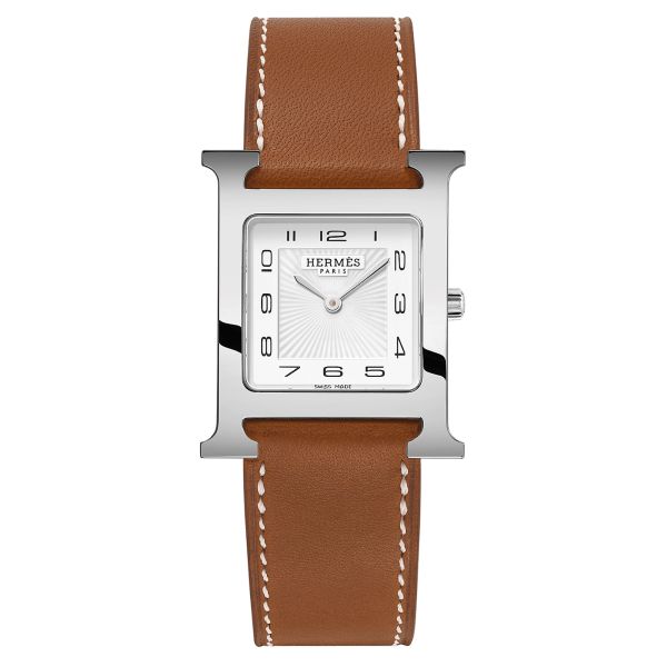 HERMÈS Heure H Watch Medium Model quartz white dial brown Barénia leather strap 30 mm W052395WW00