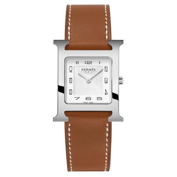 Montre HERMÈS Heure H Moyen Modèle quartz cadran blanc bracelet cuir Barénia marron 30 mm W052395WW00