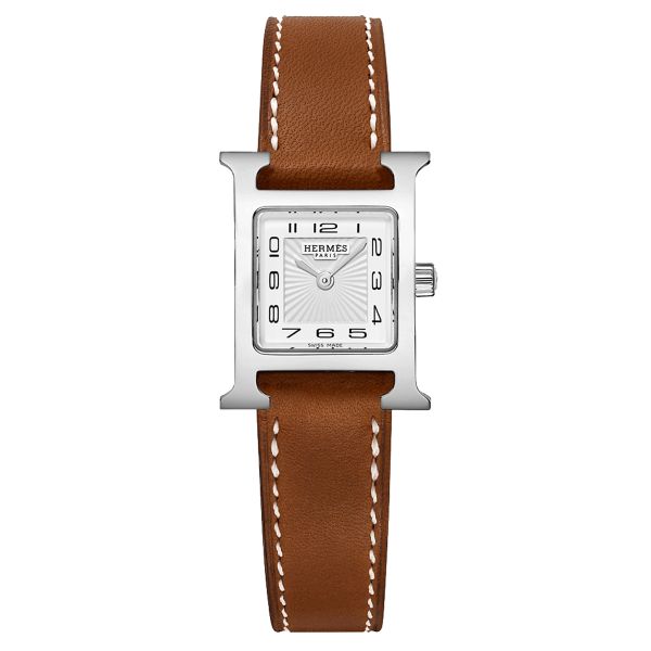 Montre HERMÈS Heure H Mini Modèle quartz cadran blanc bracelet cuir Barénia marron 21 mm W037961WW00