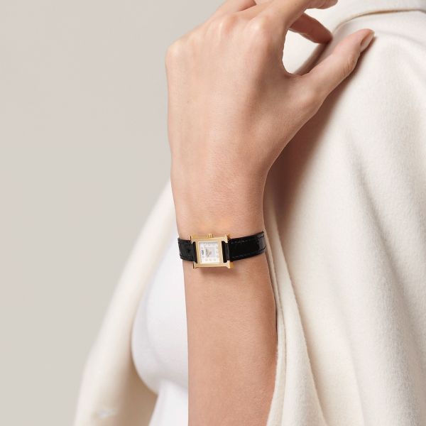 HERMÈS Heure H Mini Model quartz diamond hour markers white mother-of-pearl dial black croco leather strap 21 mm W057924WW00