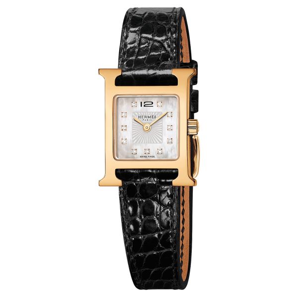 HERMÈS Heure H Mini Model quartz diamond hour markers white mother-of-pearl dial black croco leather strap 21 mm W057924WW00