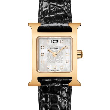 HERMÈS Heure H Mini Model quartz diamond hour markers white mother-of-pearl dial black croco leather strap 21 mm W057924WW00