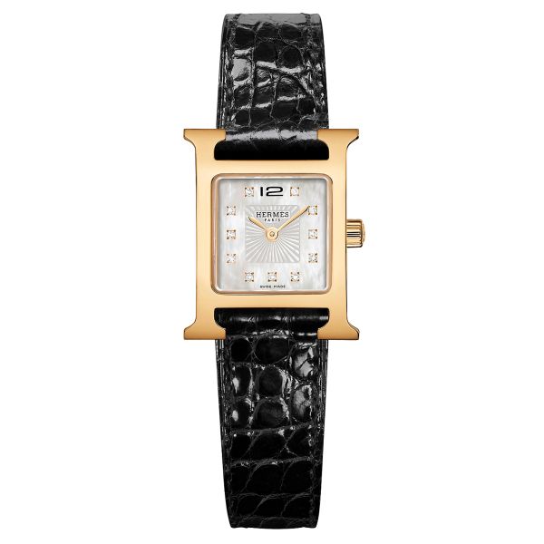 Montre HERMÈS Heure H Mini Modèle quartz index diamants cadran nacre blanche bracelet cuir croco noir 21 mm W057924WW00