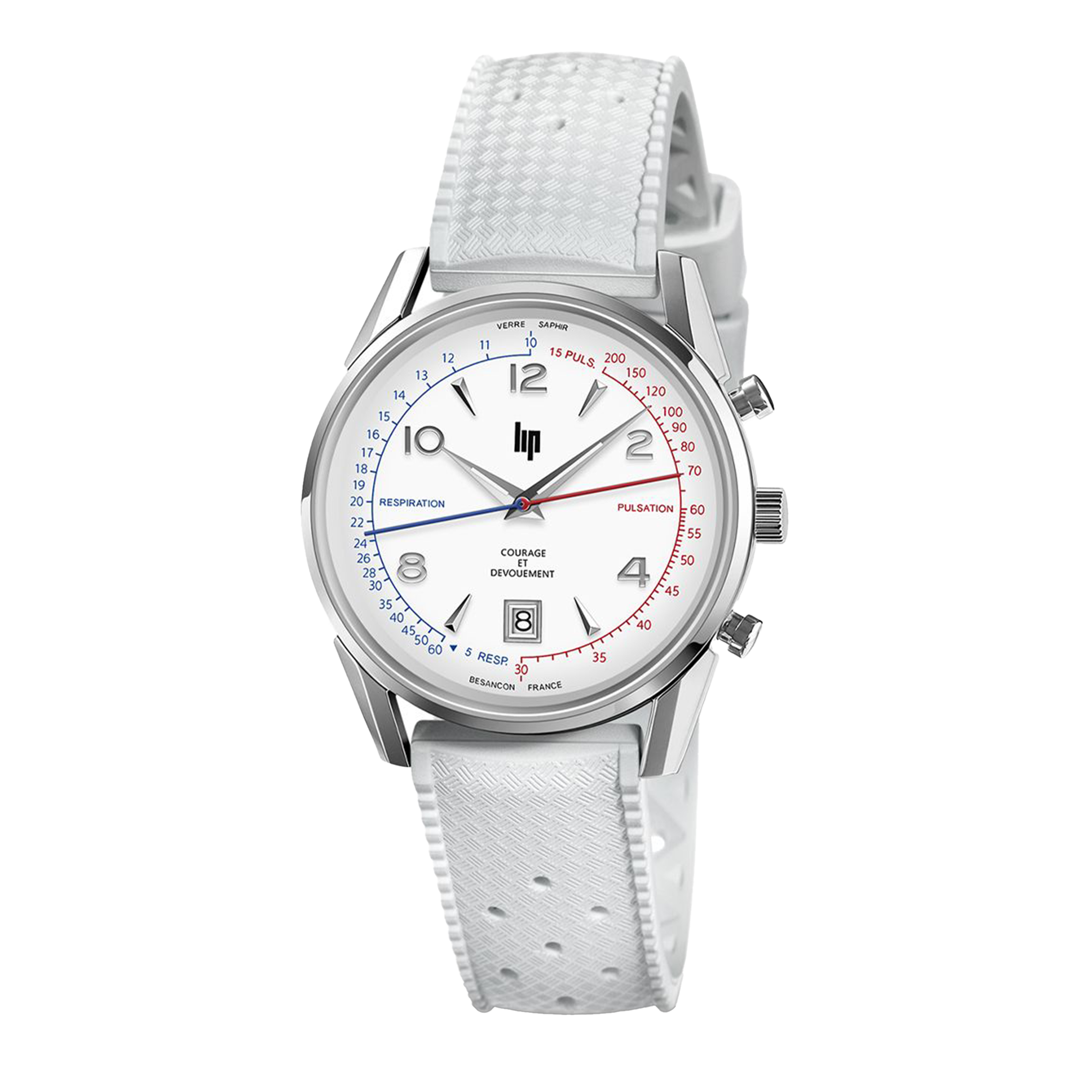 Montre Lip Courage quartz cadran blanc bracelet caoutchouc et NATO 35 mm