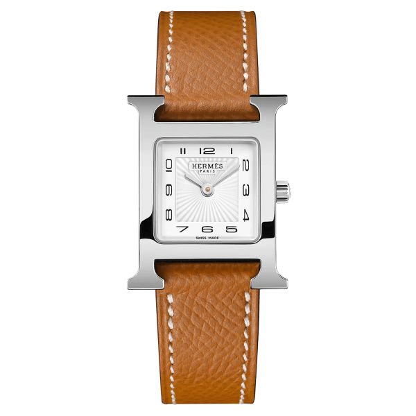 Montre HERMÈS Heure H Petit Modèle quartz cadran blanc bracelet cuir veau brun 25 mm W036702WW00