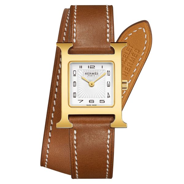 Montre HERMÈS Heure H Petit Modèle quartz plaqué or jaune cadran blanc bracelet double tour cuir marron 25 mm W036737WW00