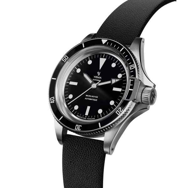 Yema Superman Slim CMM.20 automatic watch black dial black leather strap 39 mm