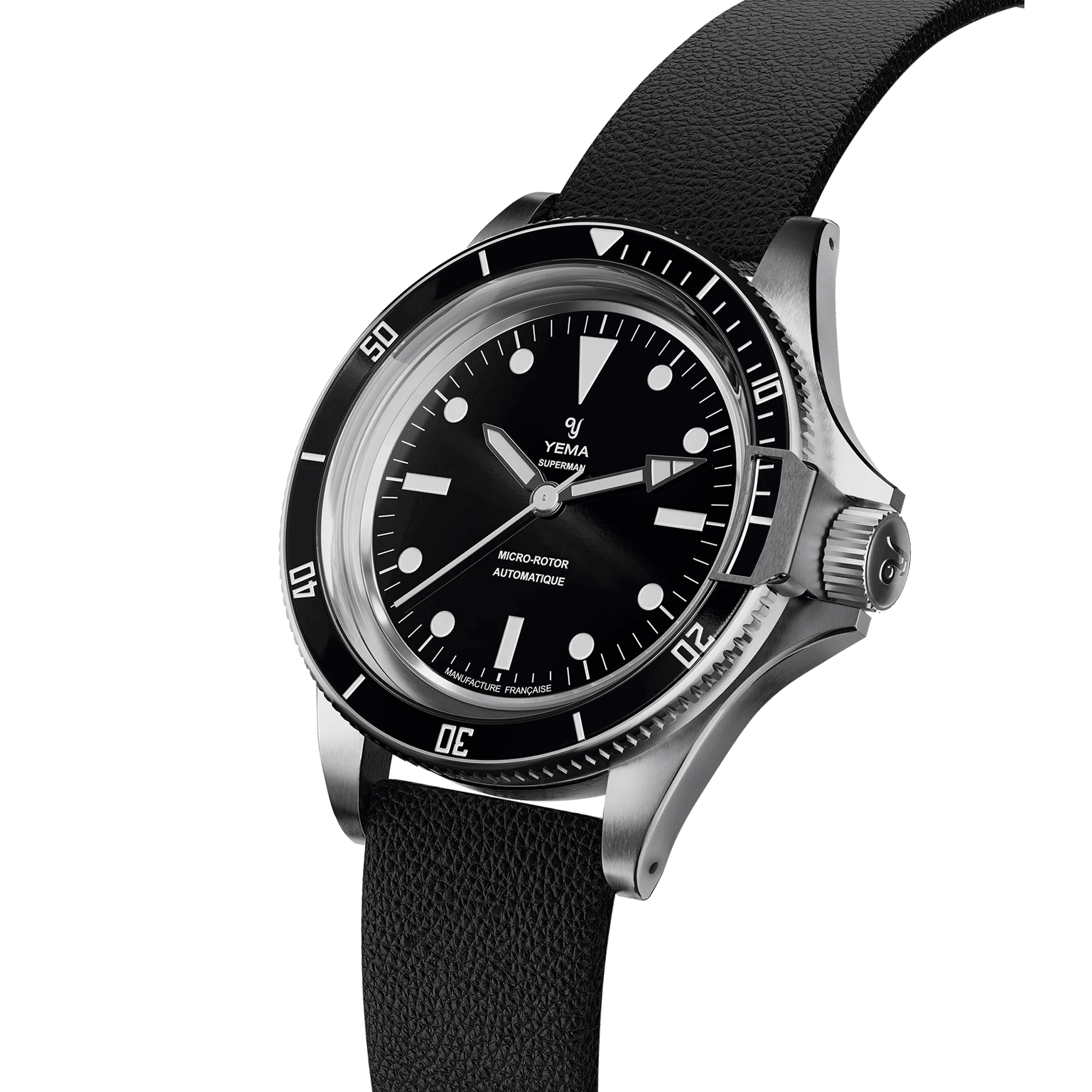 Yema Superman Slim CMM.20 automatic watch black dial black leather strap 39 mm