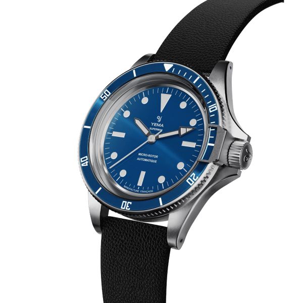 Yema Superman Slim CMM.20 automatic watch blue dial black leather strap 39 mm
