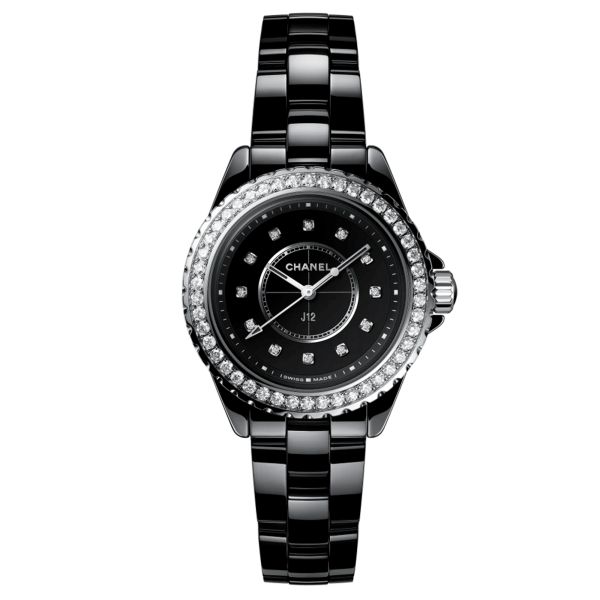 Montre CHANEL J12 quartz cadran noir lunette et index sertis bracelet céramique haute résistance noir 33 mm