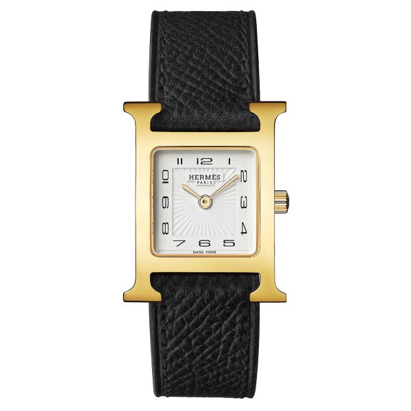 Montre HERMÈS Heure H Petit Modèle PVD quartz cadran blanc bracelet cuir noir 25 mm W036733WW00