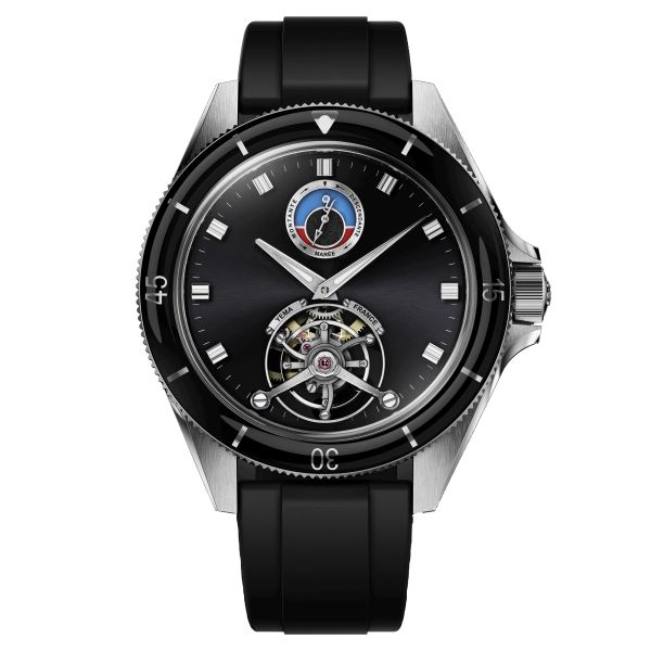 Yema Yachtingraf Tourbillon Mareographe Acier 75th anniversary mechanical watch black dial black rubber strap 42.5 mm
