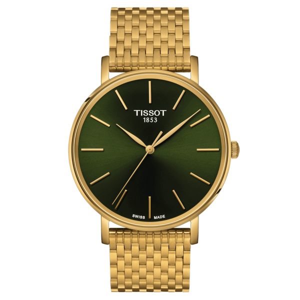 Tissot Everytime quartz watch green dial stainless steel bracelet pvd yellow gold 40 mm T143.410.33.091.00