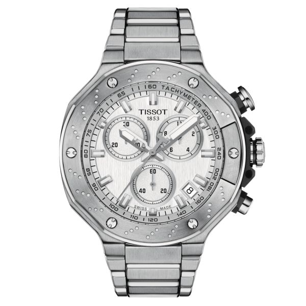 Montre Tissot T-Sport T-Race Chronograph quartz cadran argent bracelet acier 45 mm T141.417.11.031.00