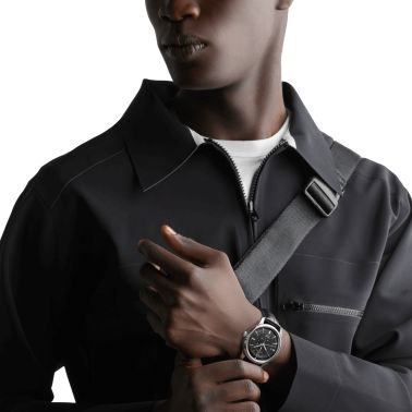 Longines Conquest Heritage Central Power Reserve automatic watch black dial black leather strap 38 mm