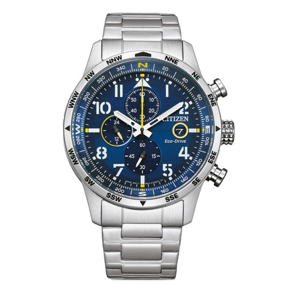 Citizen Pilot Chrono Eco-Drive watch blue dial steel bracelet 43 mm