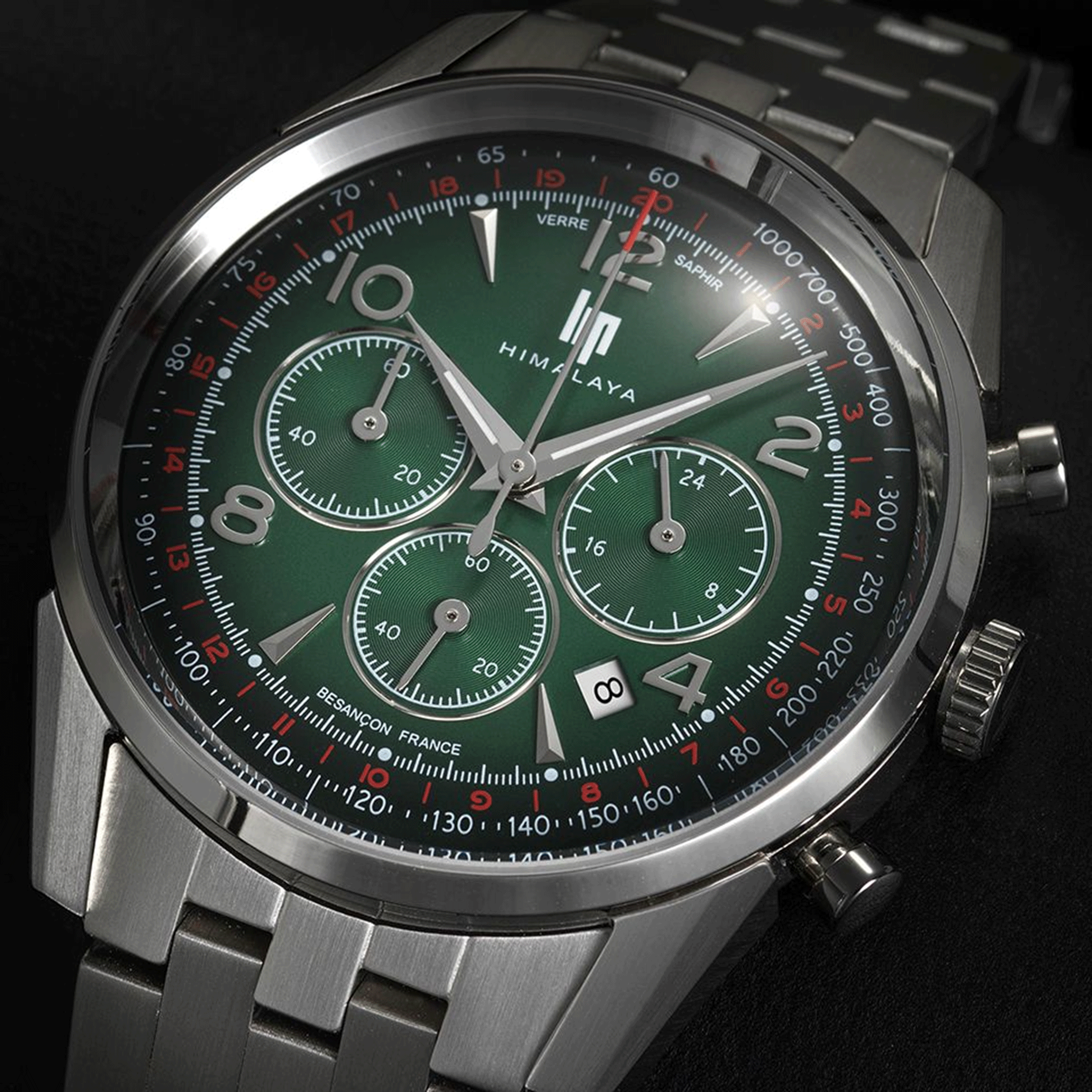 Montre Lip Himalaya Chronographe Quartz cadran vert bracelet acier 40 mm