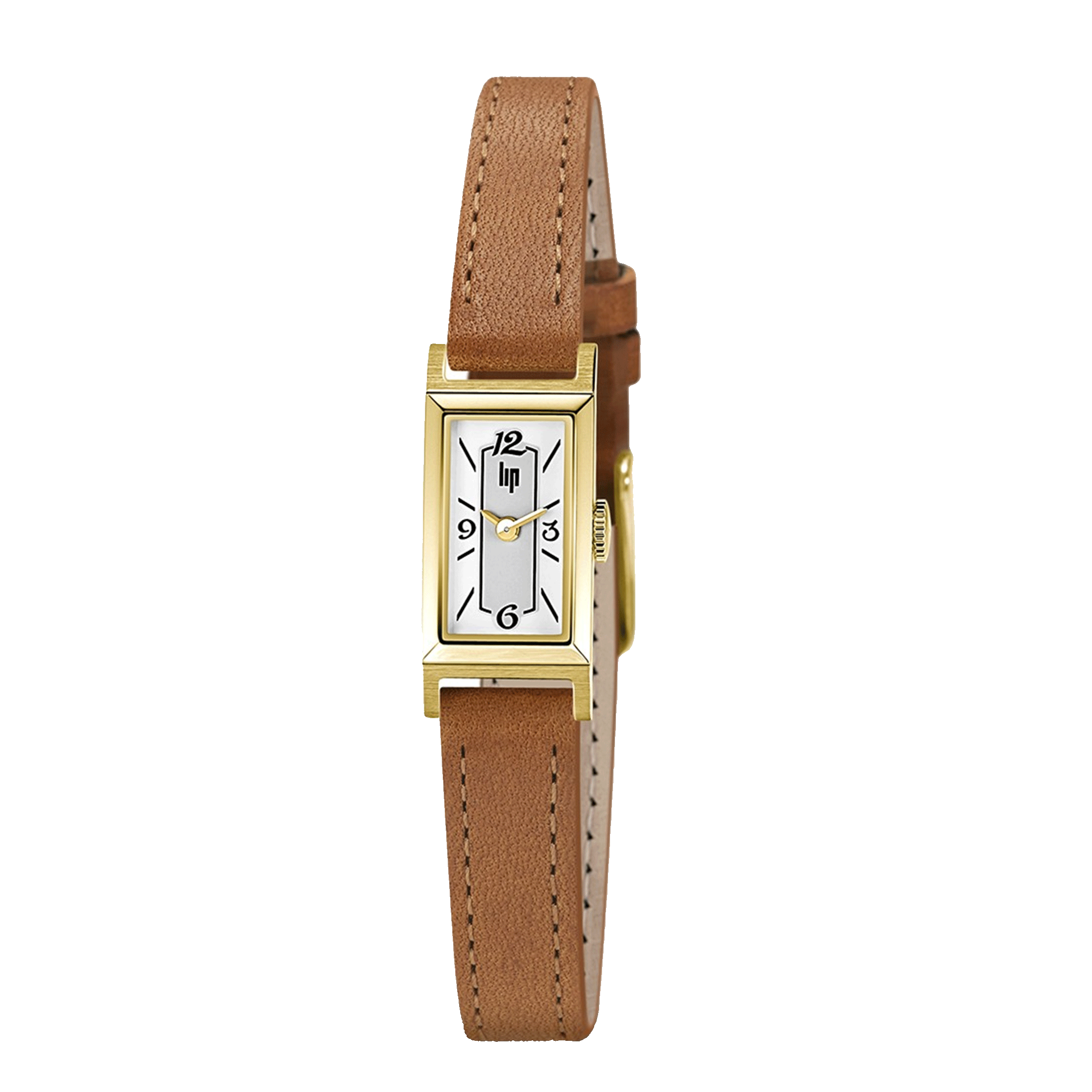 Montre Lip Churchill T13 quartz acier PVD doré cadran blanc bracelet cuir 13 x 29 mm