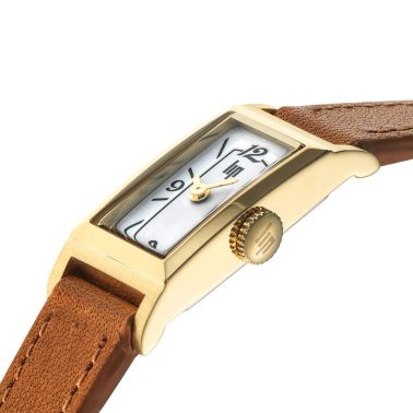 Montre Lip Churchill T13 quartz acier PVD doré cadran blanc bracelet cuir 13 x 29 mm