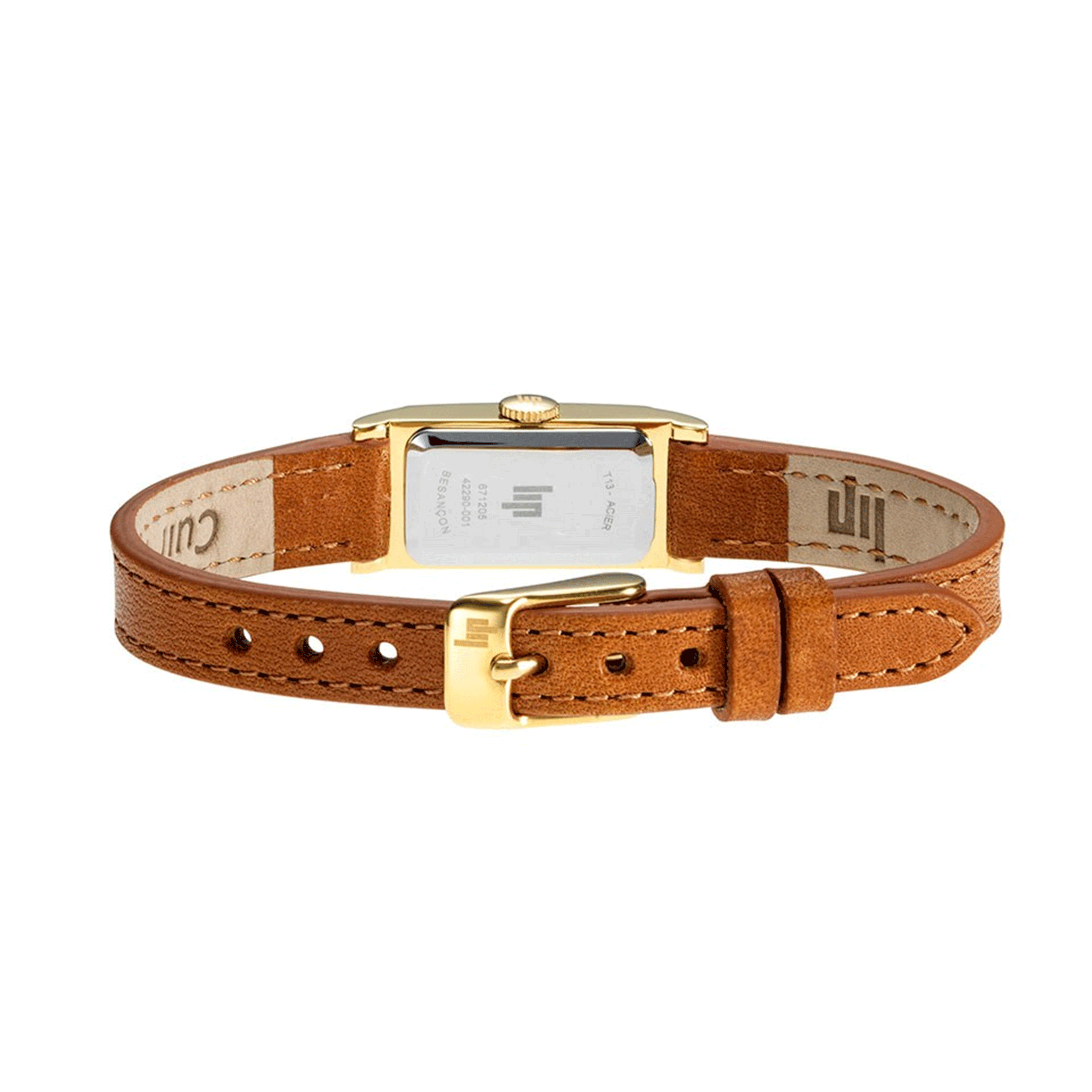 Montre Lip Churchill T13 quartz acier PVD doré cadran blanc bracelet cuir 13 x 29 mm