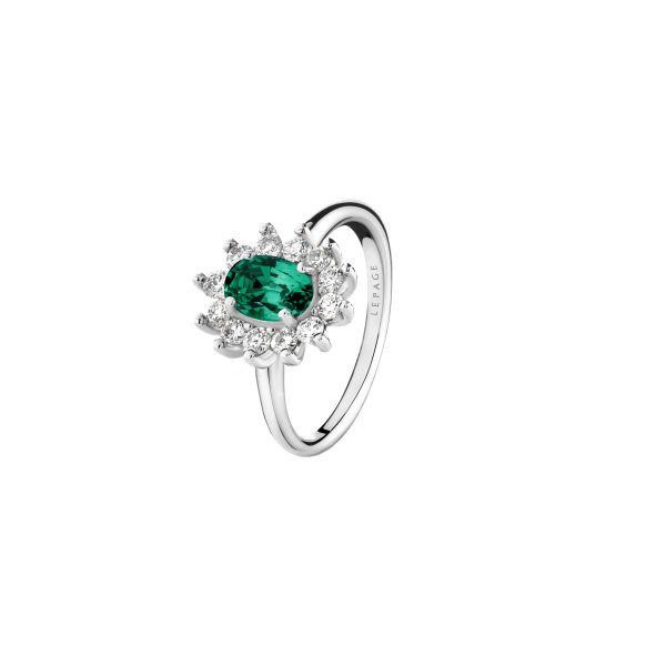 Lepage Daisy ring in white gold, emerald and diamonds
