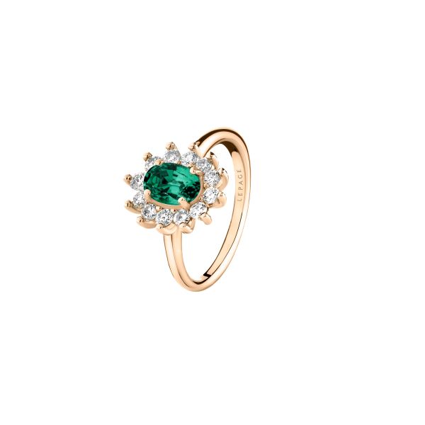 Lepage Daisy ring in rose gold, emerald and diamonds