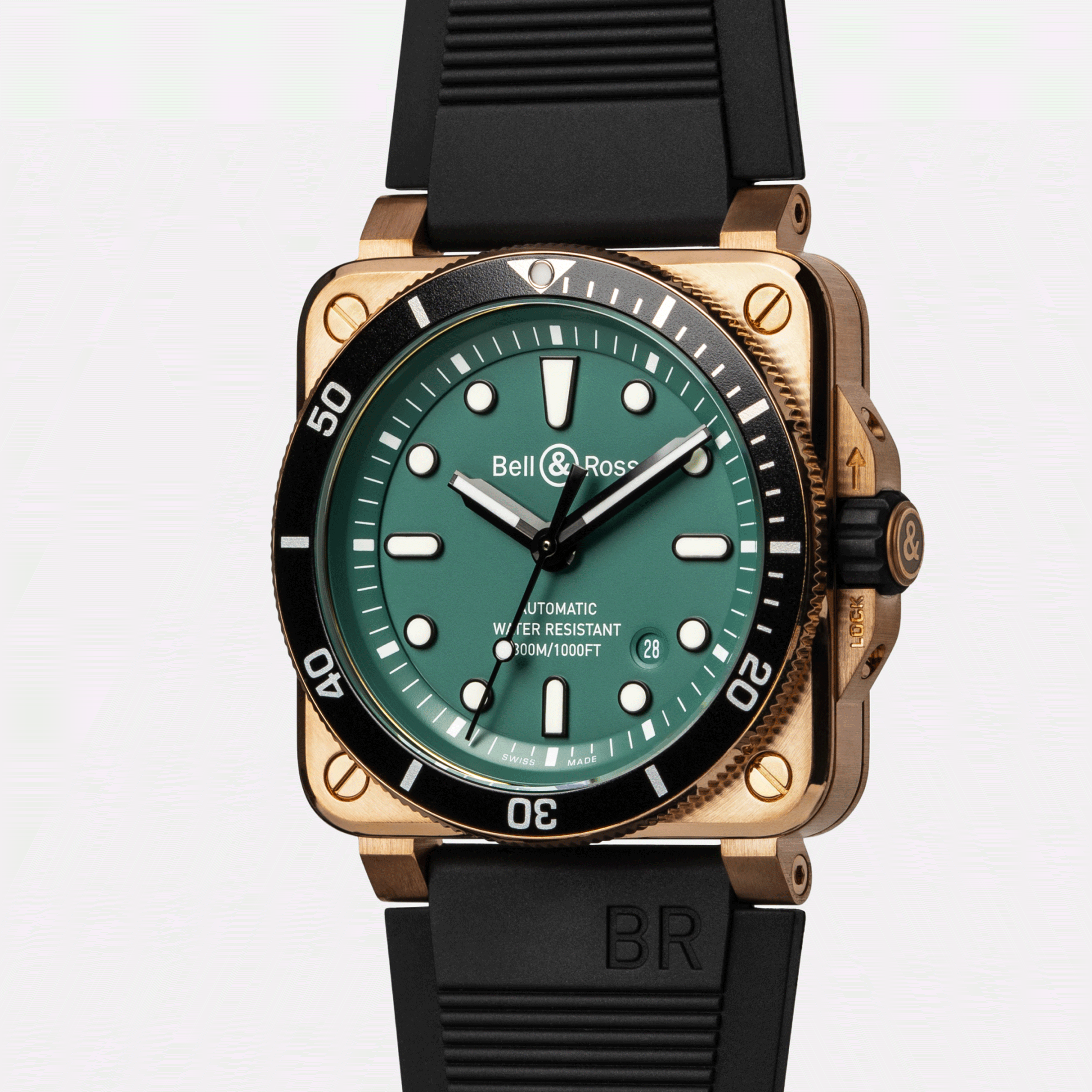Montre Bell & Ross BR 03-92 Diver Black & Green Bronze automatique cadran vert bracelet caoutchouc 42 mm