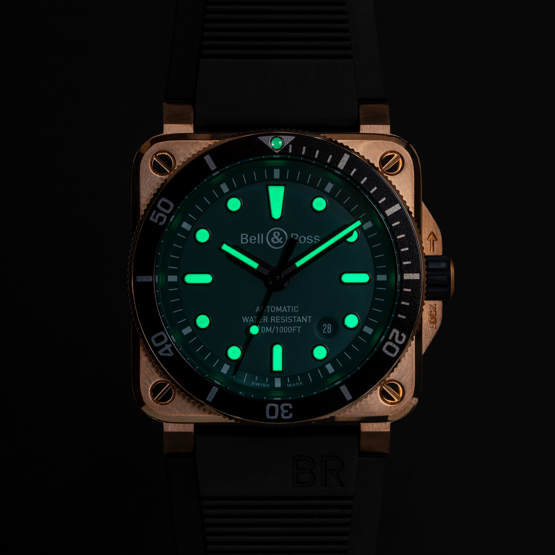 Montre Bell & Ross BR 03-92 Diver Black & Green Bronze automatique cadran vert bracelet caoutchouc 42 mm