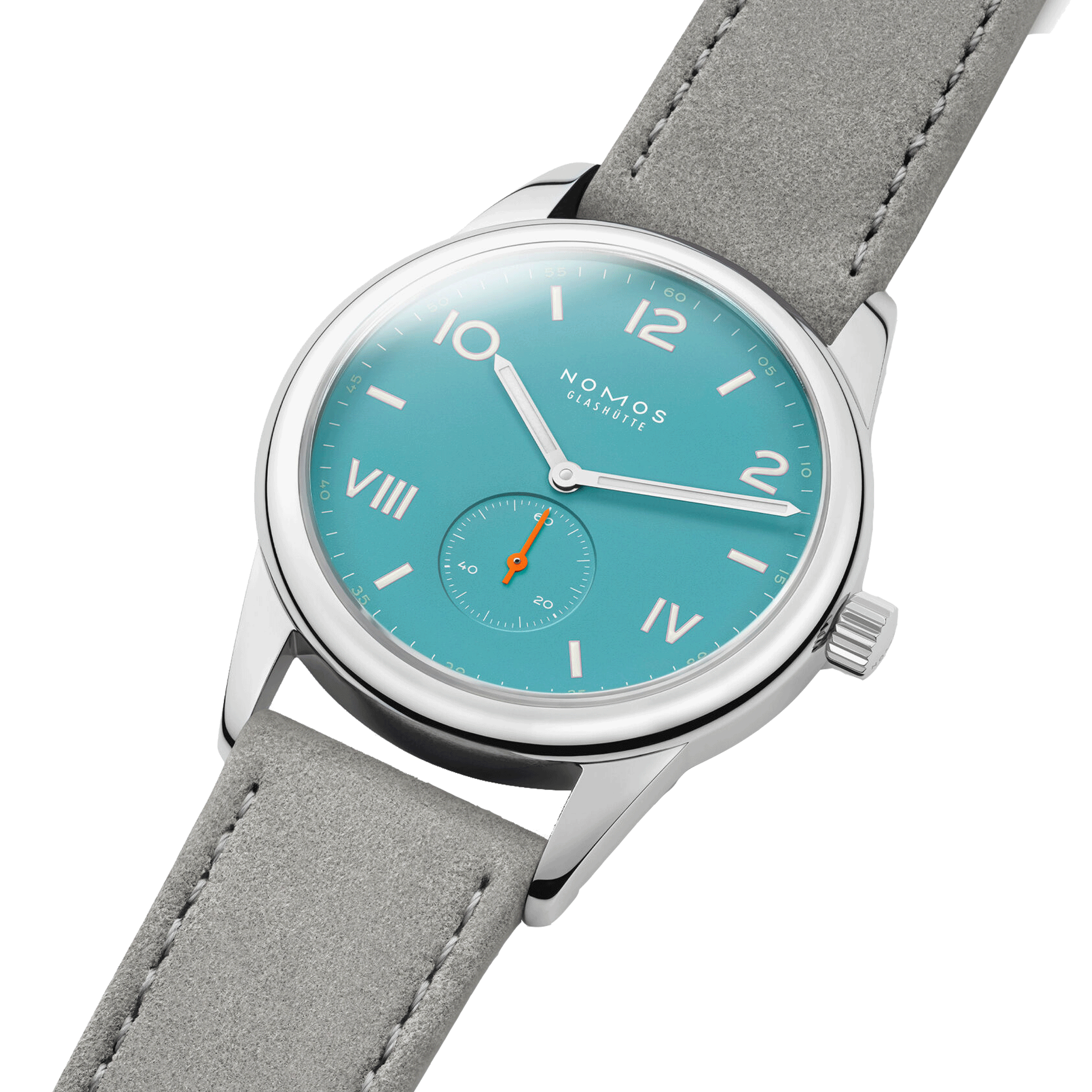 Montre NOMOS Club Campus Endless Blue mécanique fond acier cadran bleu turquoise bracelet velours gris 38 mm 724