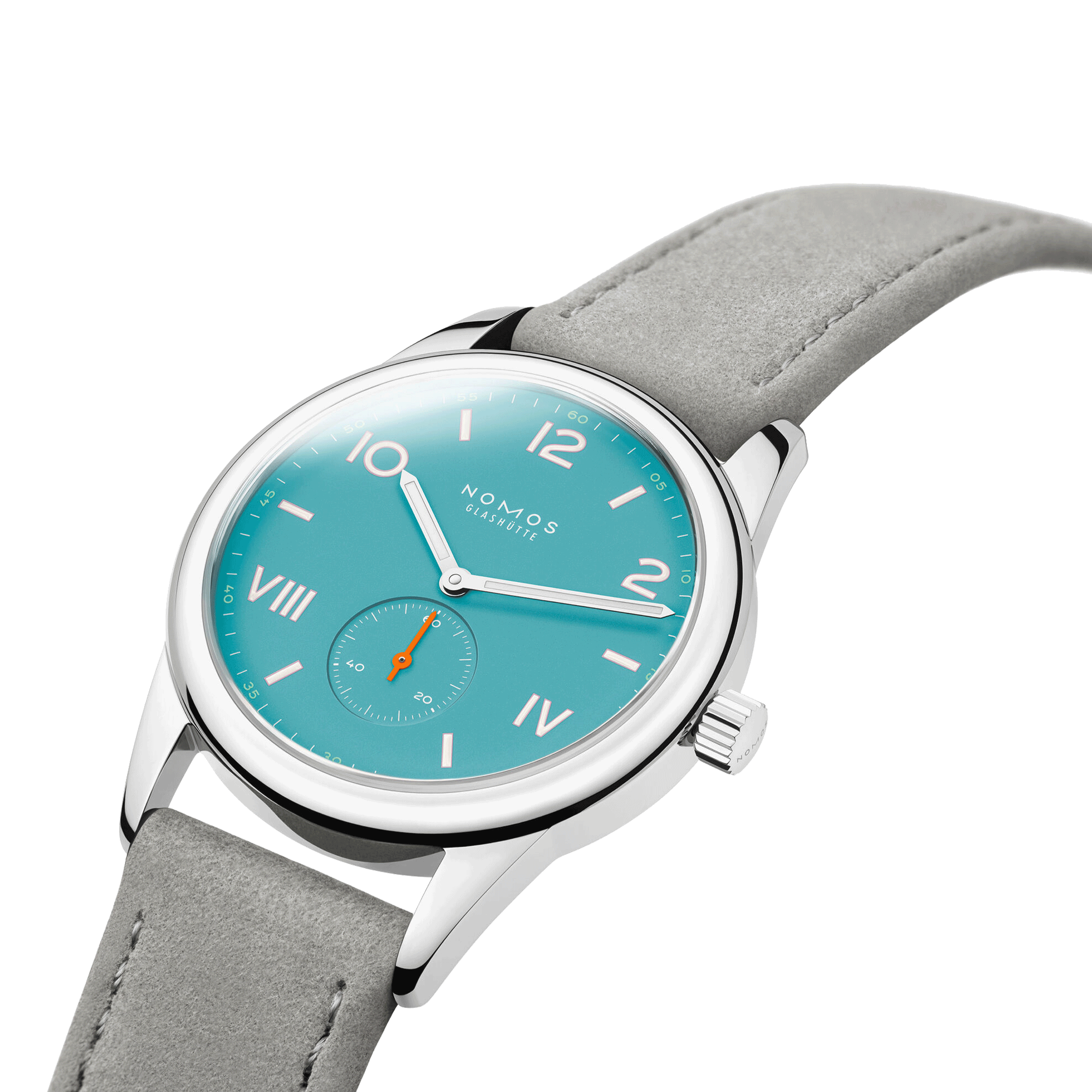 NOMOS Club Campus Endless Blue mechanical stainless steel watch turquoise blue dial grey velvet strap 38 mm