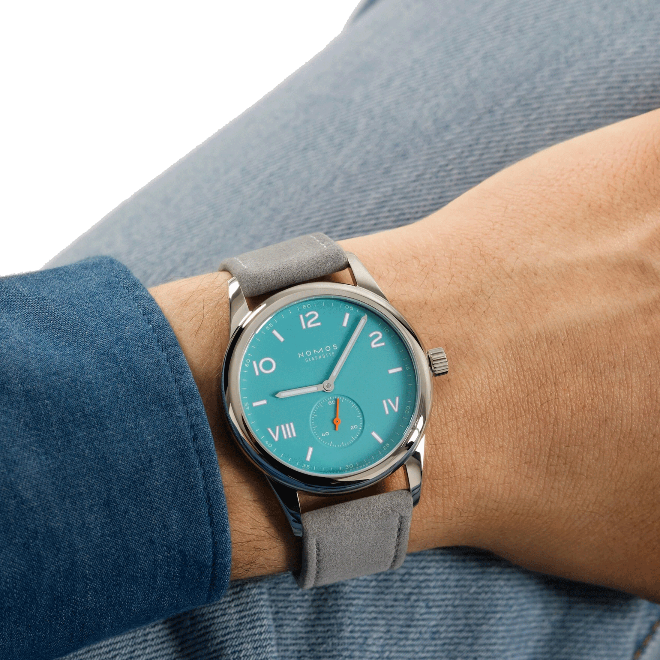 NOMOS Club Campus Endless Blue mechanical stainless steel watch turquoise blue dial grey velvet strap 38 mm