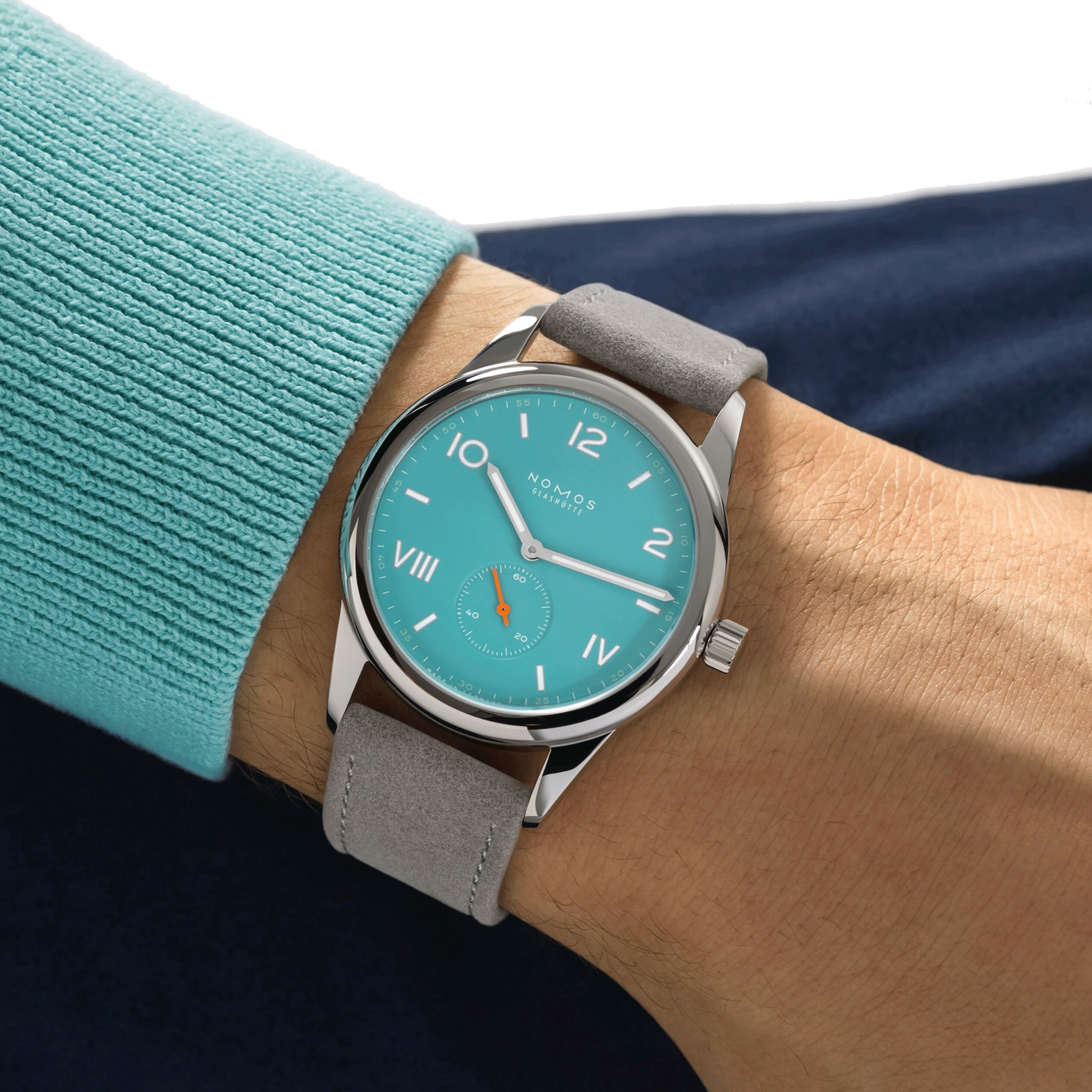 NOMOS Club Campus Endless Blue mechanical stainless steel watch turquoise blue dial grey velvet strap 38 mm
