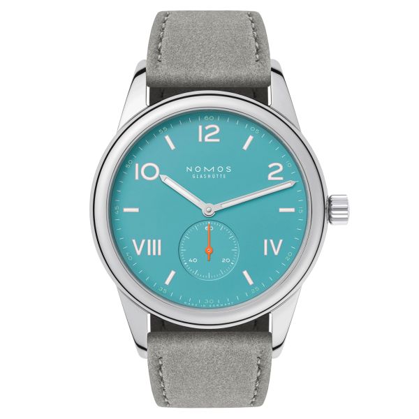NOMOS Club Campus Endless Blue mechanical stainless steel watch turquoise blue dial grey velvet strap 38 mm